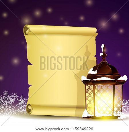 Old Scroll paper on winter background with street light.Vector could be used for your oun writing or wishes for holidays