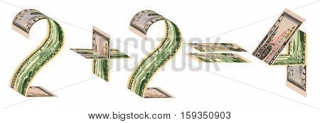 Two plus two equals four made of fifty dollar banknotes. Isolated on white