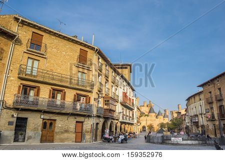 OLITE, SPAIN - NOVEMBER 1, 2016: Houses and restaurants at the central square of Olite, Spain