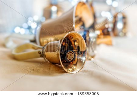 Golden handbells ready to play close up