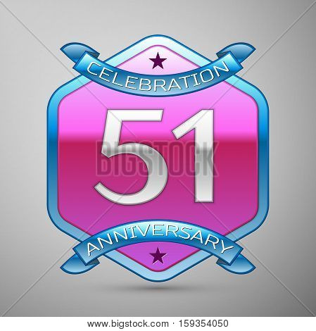 Fifty one years anniversary celebration silver logo with blue ribbon and purple hexagonal ornament on grey background.