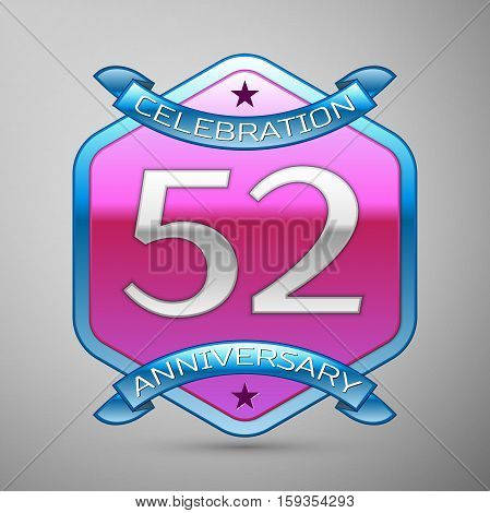 Fifty two years anniversary celebration silver logo with blue ribbon and purple hexagonal ornament on grey background.