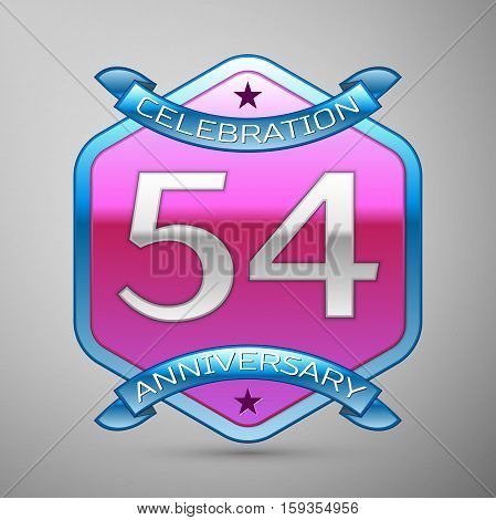 Fifty four years anniversary celebration silver logo with blue ribbon and purple hexagonal ornament on grey background.