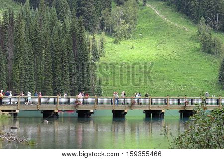 Bridge crossing a lake with tourists and natural background