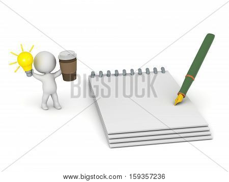 3D character with a light bulb idea a cup of coffee and a large notepad. Isolated on white background.