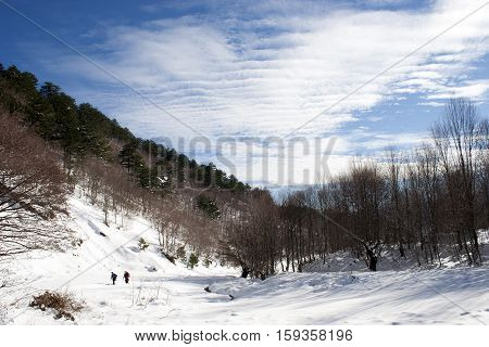 hikers are walking on the snowy mountain