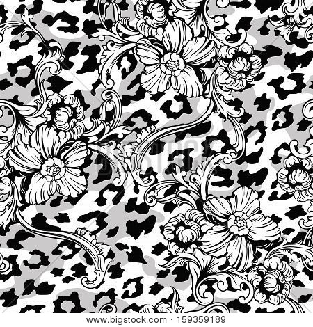 Eclectic fabric seamless pattern. Animal background with baroque ornament. Vector illustration