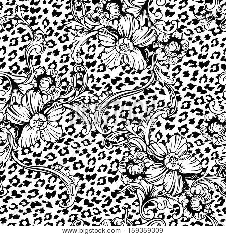 Eclectic fabric seamless pattern. Animal background with baroque ornament. Vector illustration