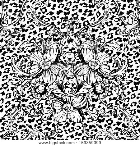 Eclectic fabric seamless pattern. Animal background with baroque ornament. Vector illustration