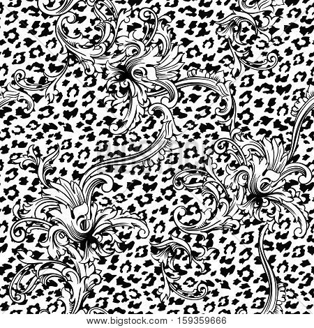 Eclectic fabric seamless pattern. Animal background with baroque ornament. Vector illustration