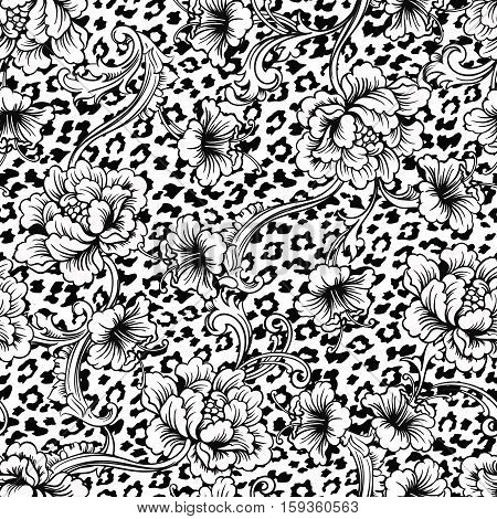 Eclectic fabric seamless pattern. Animal background with baroque ornament. Vector illustration