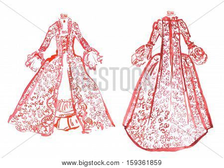 The sack-back gown or robe a la francaise watercolor sketch. 18 century dress isolated on white background. Hand drawn retro historical clothes