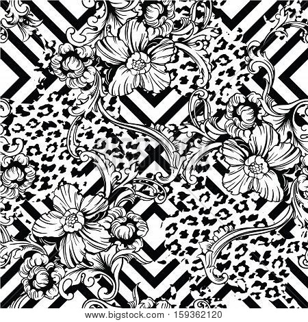 Eclectic fabric seamless pattern. Animal and geometric background with baroque ornament. Vector illustration