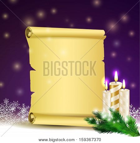 Old Scroll paper on winter background with street branch Christmas tree and candles.Vector could be used for your oun writing or wishes for holidays