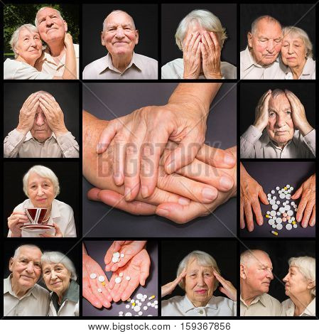 The collage of images of elderly couple on black background. concept disease pain medication and love and mutual