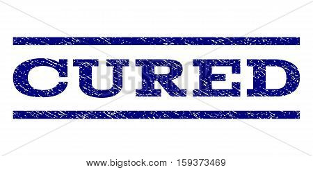 Cured watermark stamp. Text tag between horizontal parallel lines with grunge design style. Rubber seal navy blue stamp with unclean texture. Vector ink imprint on a white background.