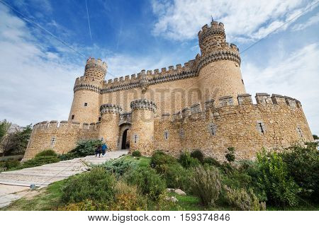 Manzanares el Real castle on a cloudy day.