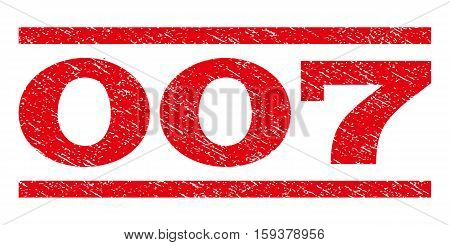 007 watermark stamp. Text caption between horizontal parallel lines with grunge design style. Rubber seal red stamp with unclean texture. Vector ink imprint on a white background.