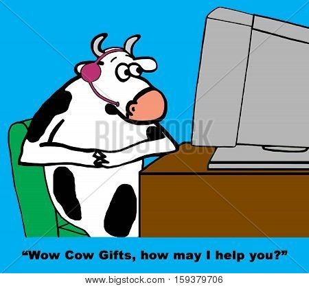 Color cartoon about a friendly customer service rep cow.