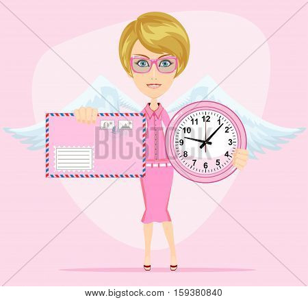 Female angel with beautiful wings holding a pink watchs and envelope with a letter she congratulates you. Time to love and live . Stock Vector illustration