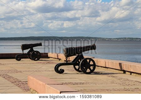Cannon on embankment of Onega Lake. Russia.