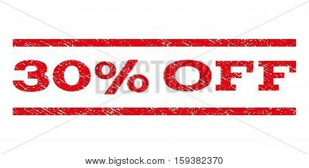 30 Percent Off watermark stamp. Text caption between horizontal parallel lines with grunge design style. Rubber seal red stamp with dirty texture. Vector ink imprint on a white background.