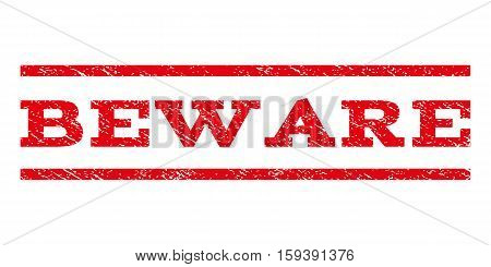 Beware watermark stamp. Text caption between horizontal parallel lines with grunge design style. Rubber seal red stamp with dirty texture. Vector ink imprint on a white background.