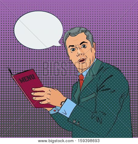 wery surprised man with a menu book and blank speech bubble