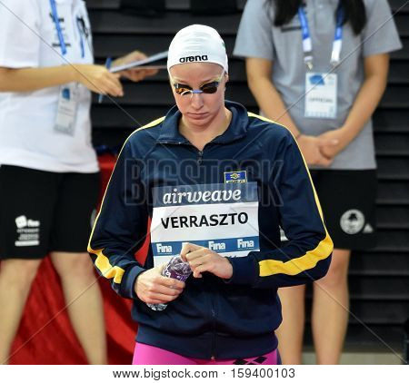 Hong Kong China - Oct 29 2016. Olympian swimmer Evelyn VERRASZTO (HUN) at the start in Women's Freestyle 200m Final. FINA Swimming World Cup Finals Victoria Park Swimming Pool.