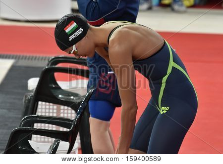 Hong Kong China - Oct 29 2016. Olympian swimmer Zsuzsanna JAKABOS (HUN) at the start in Women's Freestyle 200m Final. FINA Swimming World Cup Finals Victoria Park Swimming Pool.