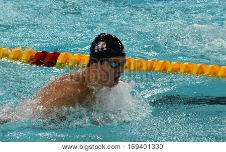 Hong Kong China - Oct 29 2016. Competitive swimmer ANDREW Michael (USA) swimming in the Men's Breaststroke 50m Final. FINA Swimming World Cup Finals Victoria Park Swimming Pool.