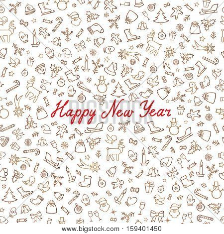 Christmas Icons Seamless Pattern. Happy Winter Holiday Wallpaper. Doodle Winer Holiday Greeting Card with handwritten Lettering HAPPY NEW YEAR