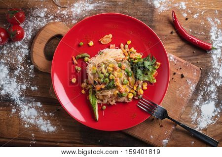 Rice Noodles With Green Beans And Vegetables