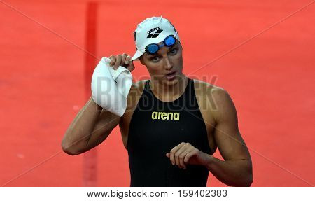 Hong Kong China - Oct 29 2016. Olympic world and European champion World record holder swimmer Katinka HOSSZU (HUN) after the Women's Butterfly 100m Final. FINA Swimming World Cup Finals.