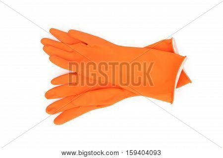 Orange color rubber gloves for cleaning on white background workhouse concept