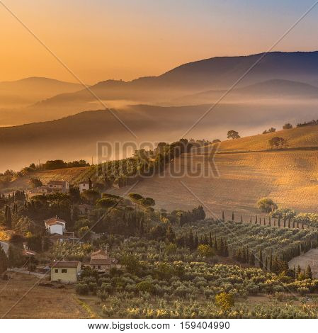 Detail Of Tuscan Village In Morning Fog