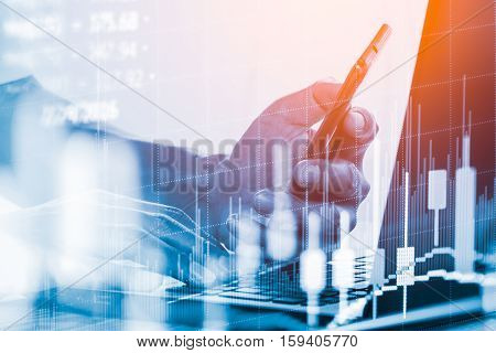 Stock Market Indicator And Financial Data View From Led. Double Exposure Financial Graph And Stock I