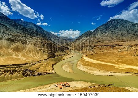 Scenic view of Confluence of Zanskar and Indus rivers - Leh Ladakh Jammu and Kashmir India.