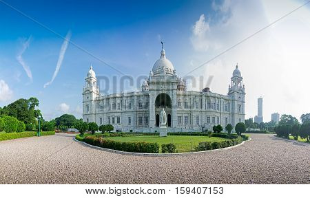 Beautiful panoramic image of Victoria Memorial Kolkata Calcutta West Bengal India . A Historical Monument of Indian Architecture. Built to commemorate Queen Victoria's 25 years reign in India.