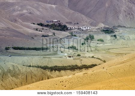 Aerial view of Zigzag road - famously known as jilabi road at old route of Leh Srinagar Highway Ladakh Jammu and Kashmir India