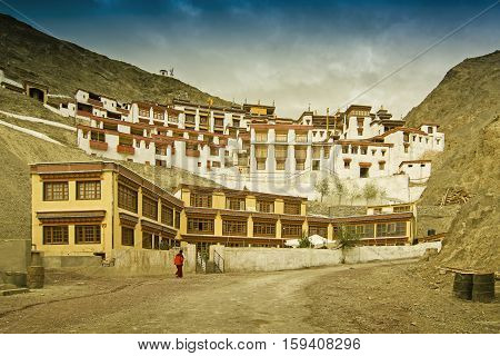 Rizong monastery with view of Himalayan mountians - it is a famous Buddhist temple inLeh Ladakh Jammu and Kashmir India.