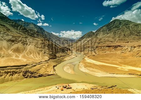 Scenic view of Confluence of Zanskar and Indus rivers - Leh Ladakh Jammu and Kashmir India