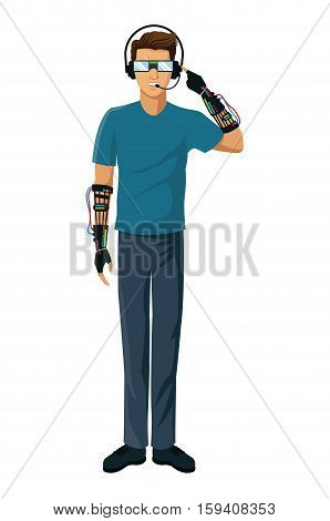 man vr experiencing reality glasses wired glove interface fiction vector illustration eps 10