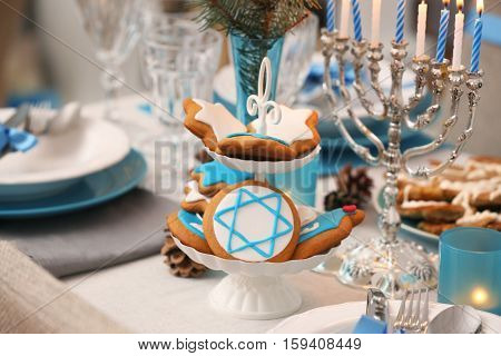 Beautiful table setting for Hanukkah, closeup