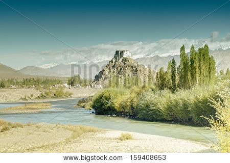 Stakna monastery with view of Himalayan mountians - it is a famous Buddhist temple inLeh Ladakh Jammu and Kashmir India.