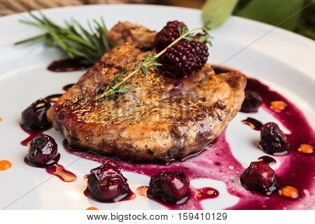 Pork Steak On The Bone With Cherry-ginger Sauce