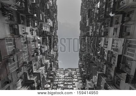 Black and White, crowded residence apartment in Hong Kong city