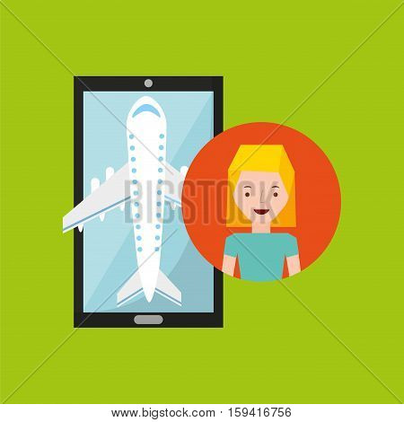 young woman hand holds mobile application travel airport vector illustration eps 10