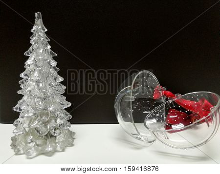 Merry Christmas and Happy New Year white clear Xmas tree and hanging ball decoration