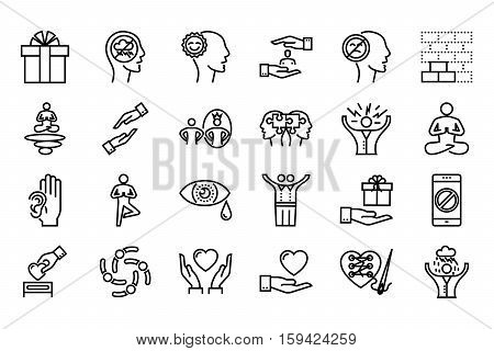 Conscious Living and Friends Relations Thin Line Related Icons Set on White Background. Simple Mono Linear Pictogram Pack Stroke Vector Logo Concept for Web. Editable Stroke. 48x48 Pixel Perfect.